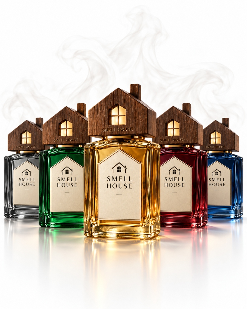 SMELL HOUSE colored bottles lineup with smoke