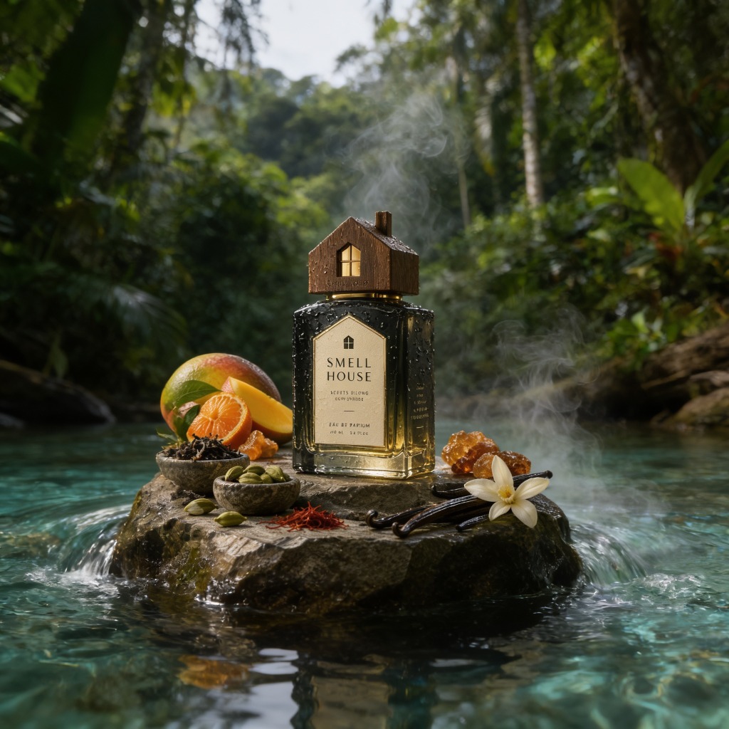 SMELL HOUSE bottle on stone in jungle water